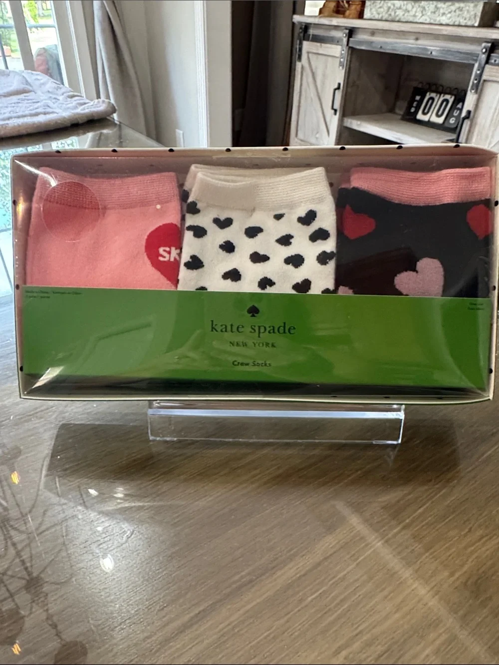 kate spade 3-Pack Heart Crew Socks in Pink, Black, White
